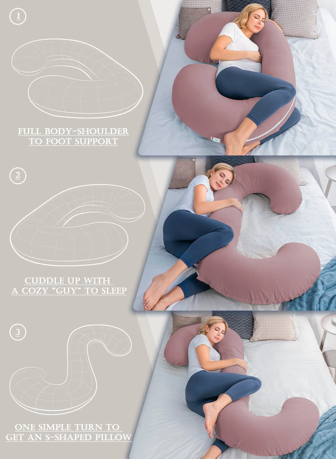 Pregnancy Body Pillow with Jersey Cover,C Shaped Full Body Pillow for Pregnant Women