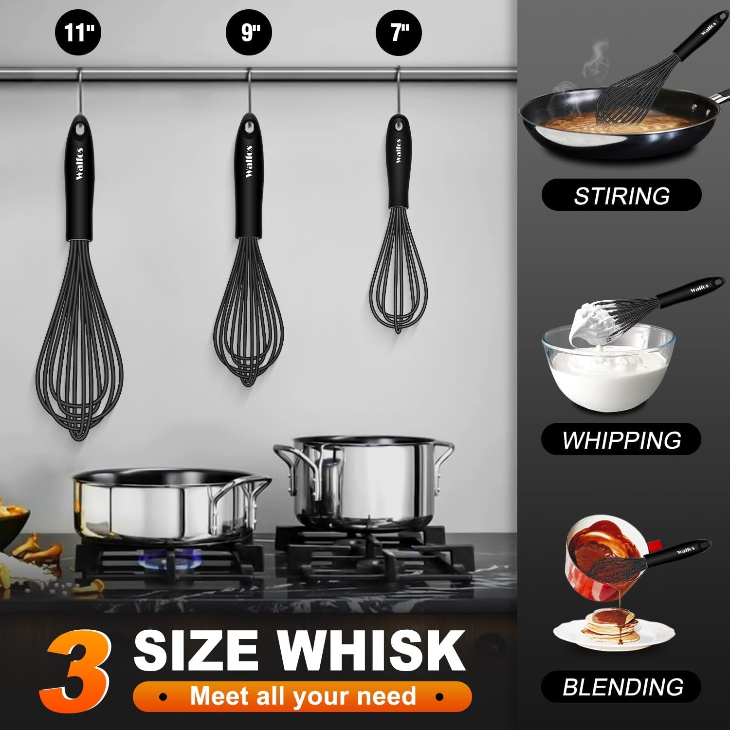 Silicone Whisk, Stainless Steel Wire Whisk Set of 3 -Heat Resistant Kitchen Whisks for Non-Stick Cookware, Balloon Egg Beater Perfect for Blending, Whisking, Beating, Frothing & Stirring, Black