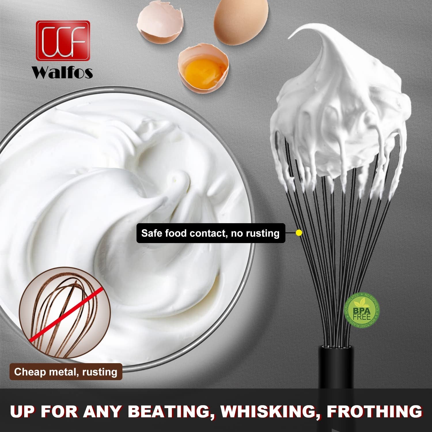 Silicone Whisk, Stainless Steel Wire Whisk Set of 3 -Heat Resistant Kitchen Whisks for Non-Stick Cookware, Balloon Egg Beater Perfect for Blending, Whisking, Beating, Frothing & Stirring, Black