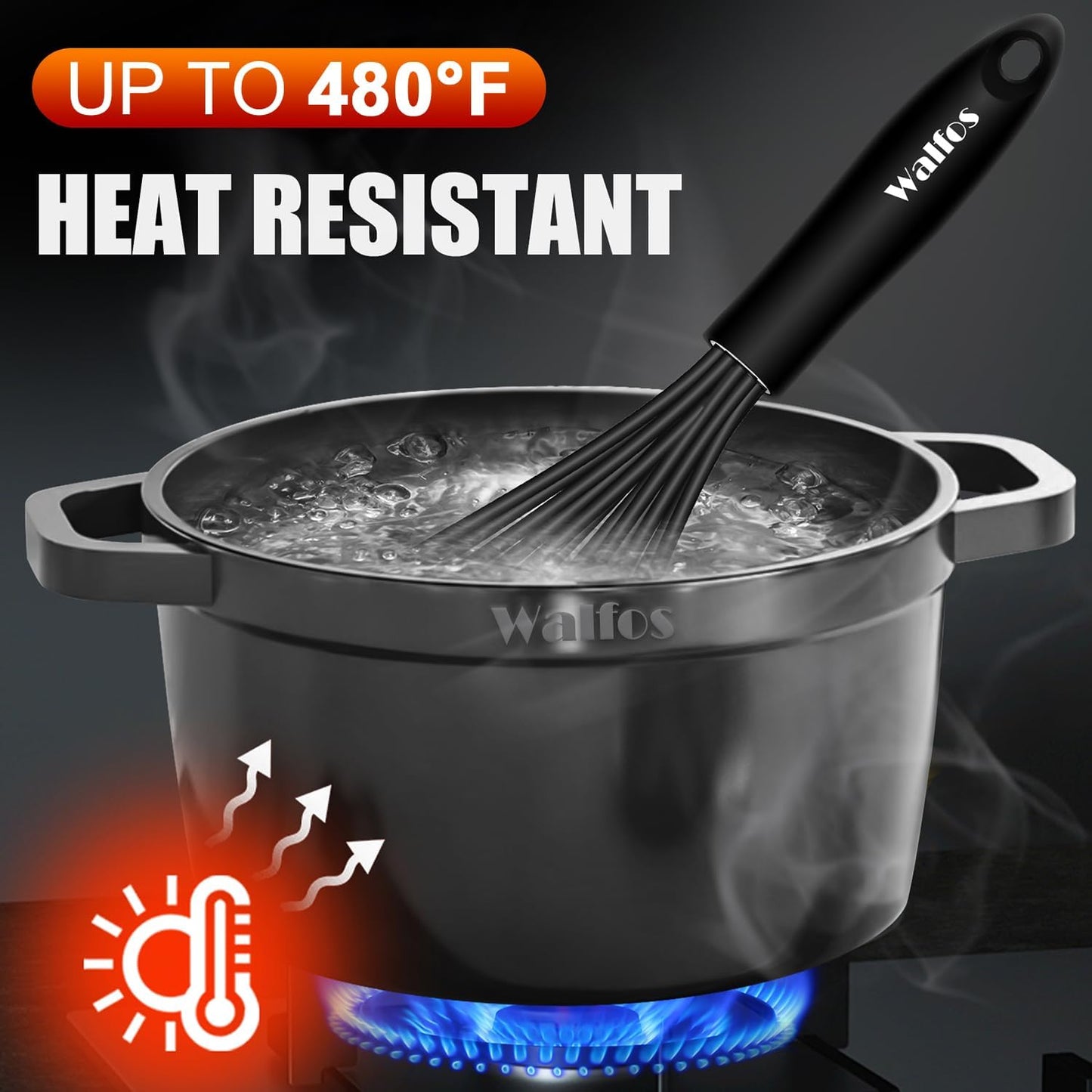 Silicone Whisk, Stainless Steel Wire Whisk Set of 3 -Heat Resistant Kitchen Whisks for Non-Stick Cookware, Balloon Egg Beater Perfect for Blending, Whisking, Beating, Frothing & Stirring, Black