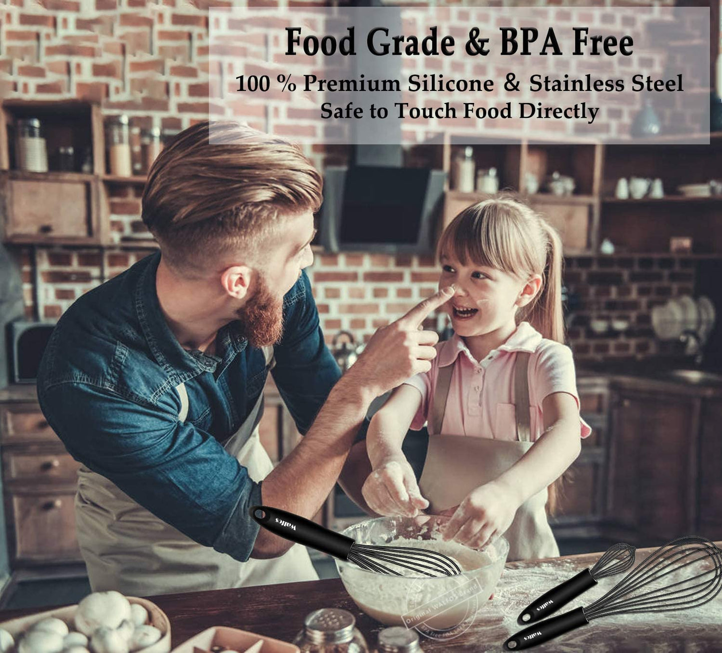 Silicone Whisk, Stainless Steel Wire Whisk Set of 3 -Heat Resistant Kitchen Whisks for Non-Stick Cookware, Balloon Egg Beater Perfect for Blending, Whisking, Beating, Frothing & Stirring, Black