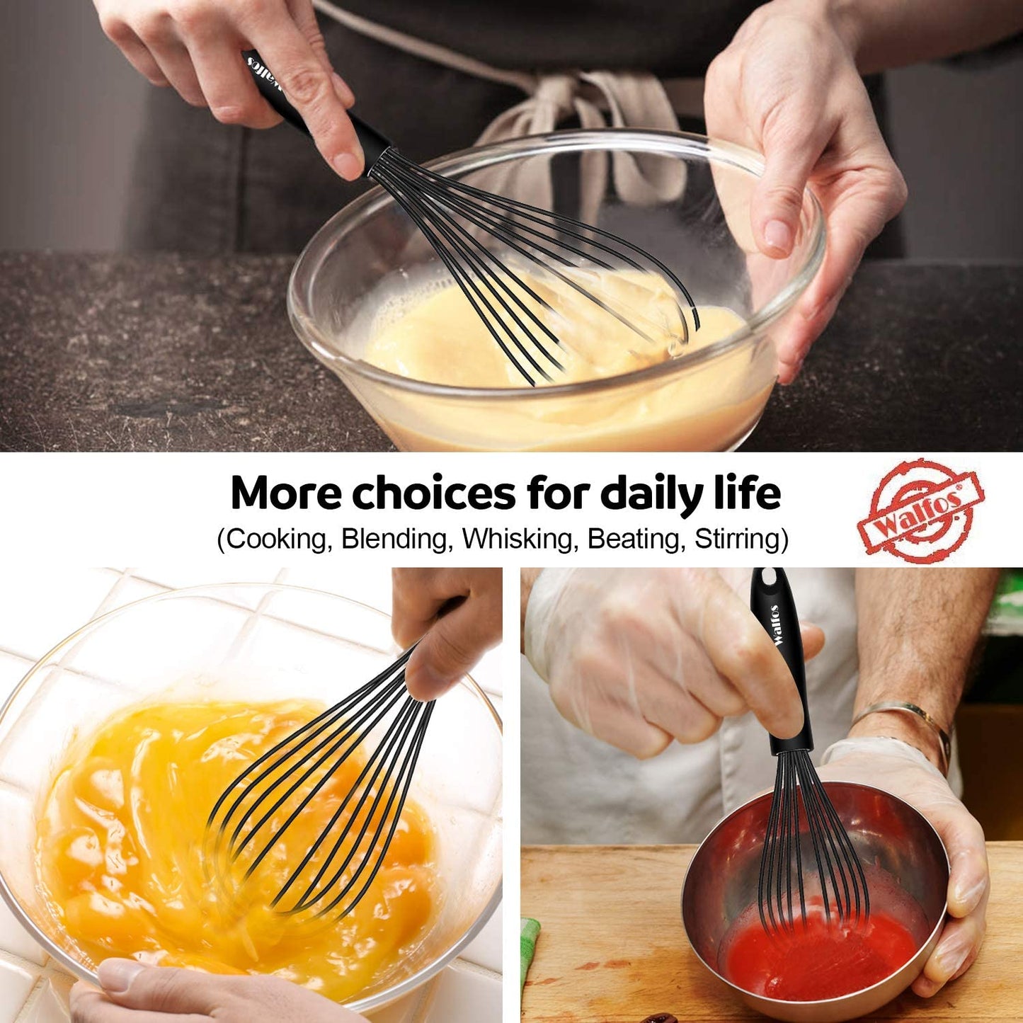 Silicone Whisk, Stainless Steel Wire Whisk Set of 3 -Heat Resistant Kitchen Whisks for Non-Stick Cookware, Balloon Egg Beater Perfect for Blending, Whisking, Beating, Frothing & Stirring, Black